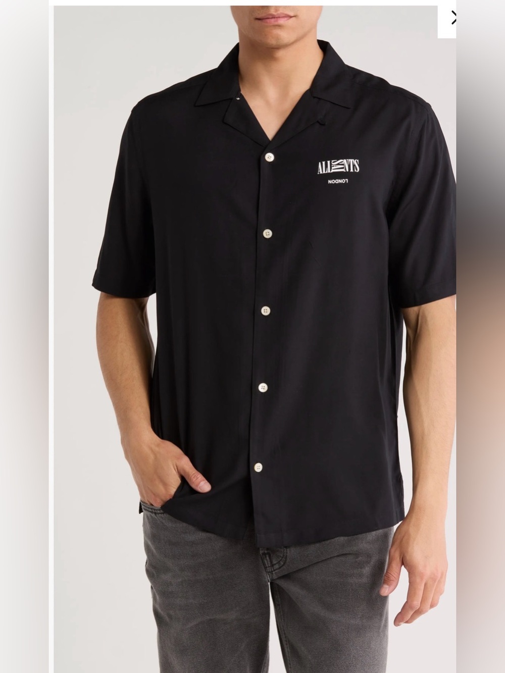 All Saints Relaxed Fit Black Burman Camp Short Sleeve Shirt London Logo
